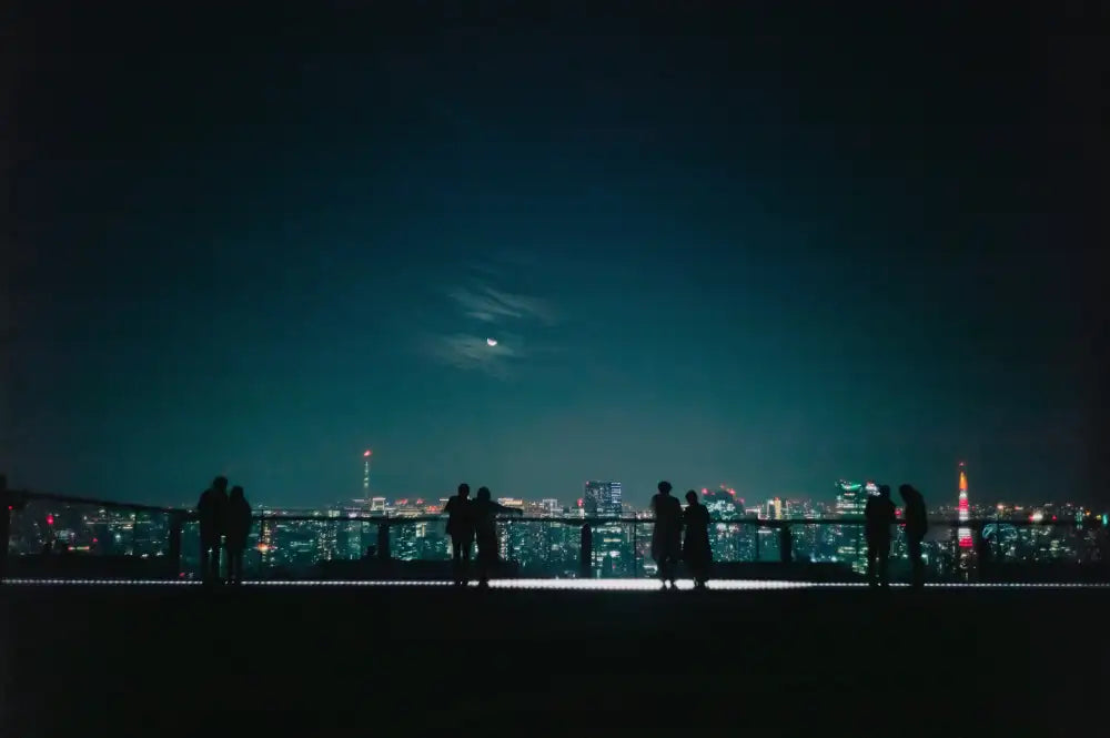 Silhouetted figures stand on a rooftop overlooking the illuminated tokyo skyline at night.