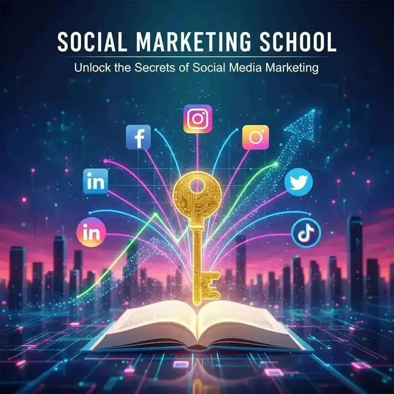 Social Marketing School course graphic featuring a golden key over an open book with digital icons and a city skyline.