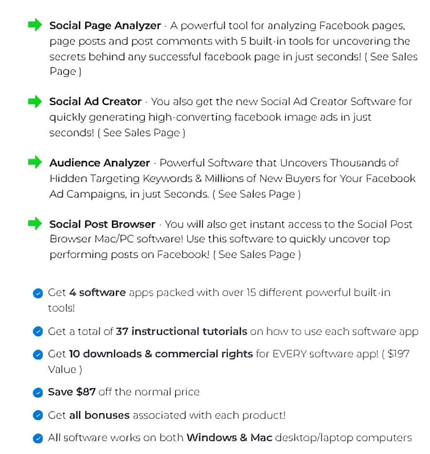 The social page analyzer by appbreed uses green arrows and blue bullets for facebook ad research and media buyers insights