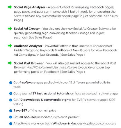 The social page analyzer by appbreed uses green arrows and blue bullets for facebook ad research and media buyers insights