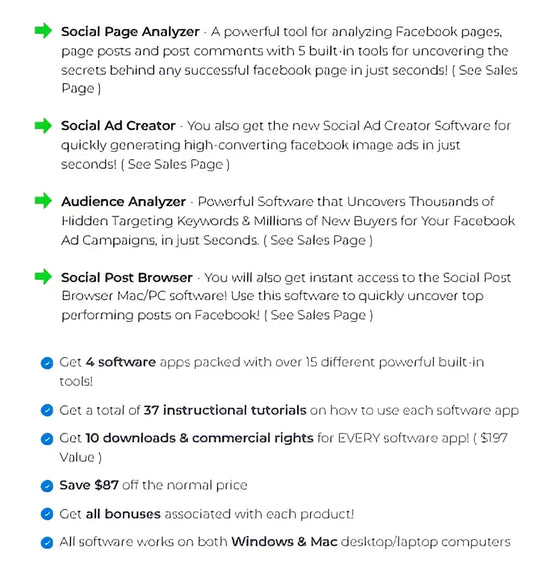 The social page analyzer by appbreed uses green arrows and blue bullets for facebook ad research and media buyers insights