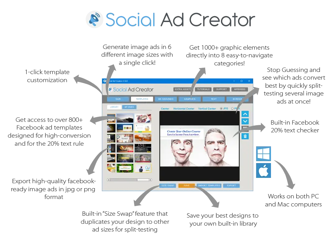 Social page analyzer interface in blue and white showing a preview of two facial expressions for facebook ad research and engagement behavior