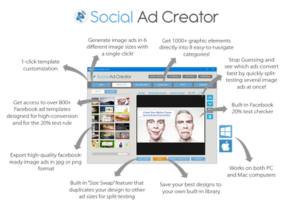 Social page analyzer interface in blue and white showing a preview of two facial expressions for facebook ad research and engagement behavior