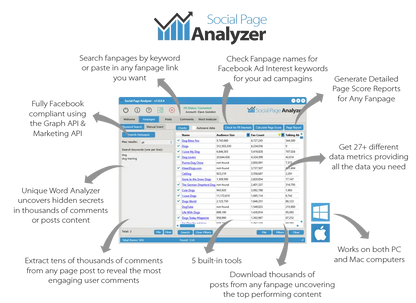 Blue and white social page analyzer software interface showing dog keyword search results for facebook ad research and media buyers