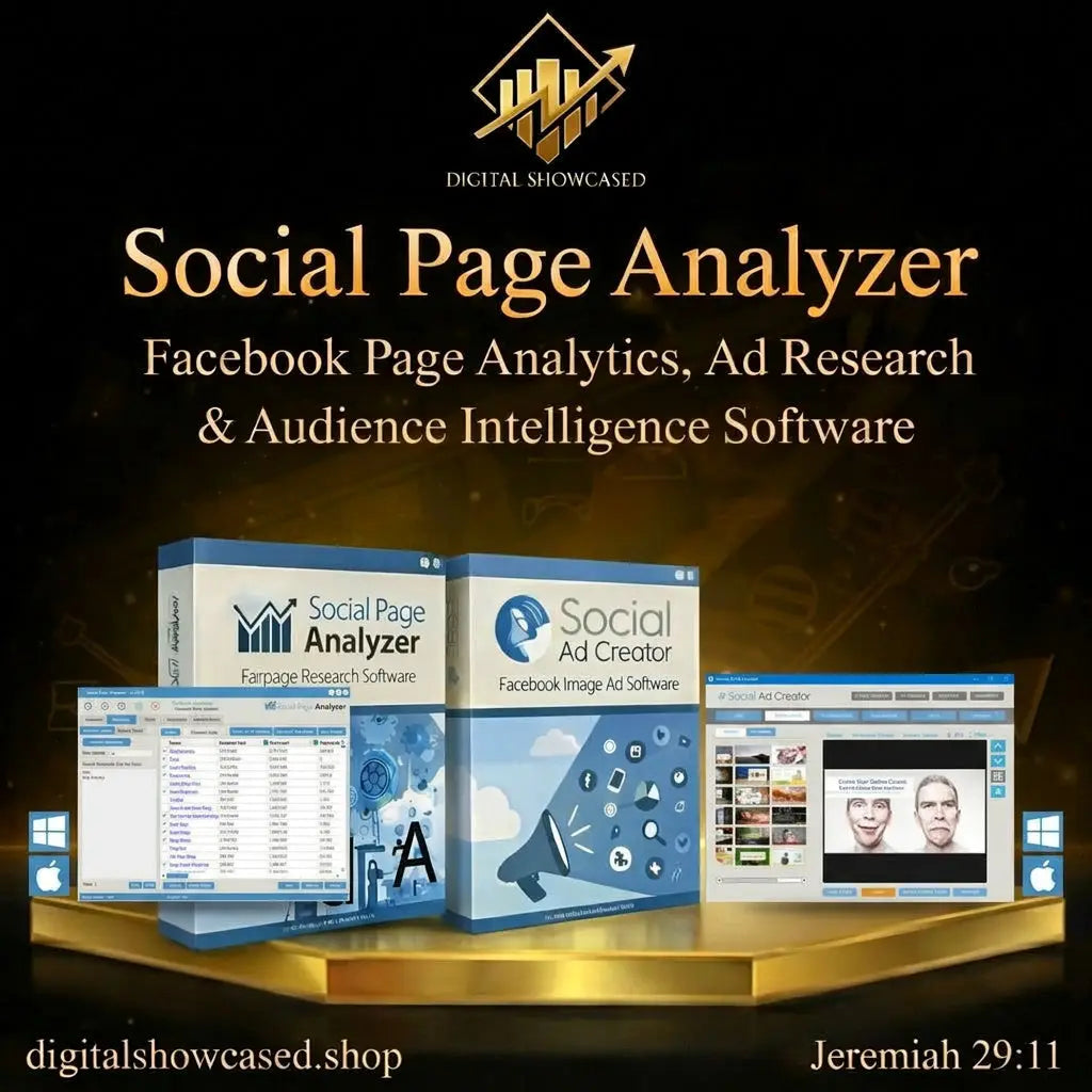 Blue and white social page analyzer and social ad creator boxes showing digital interfaces for facebook ad research by media buyers