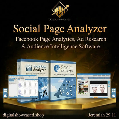 Blue and white social page analyzer and social ad creator boxes showing digital interfaces for facebook ad research by media buyers