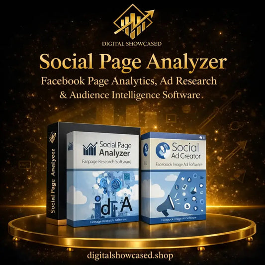 Social Page Analyzer and Social Ad Creator software product boxes for Facebook page analytics and ad research.