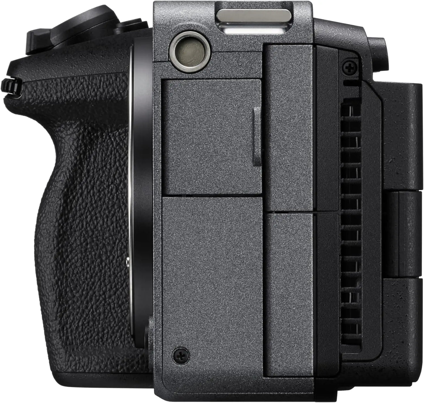 Black textured grip and matte finish sony fx3a full-frame cinema camera body with silver shutter button and flash memory slot