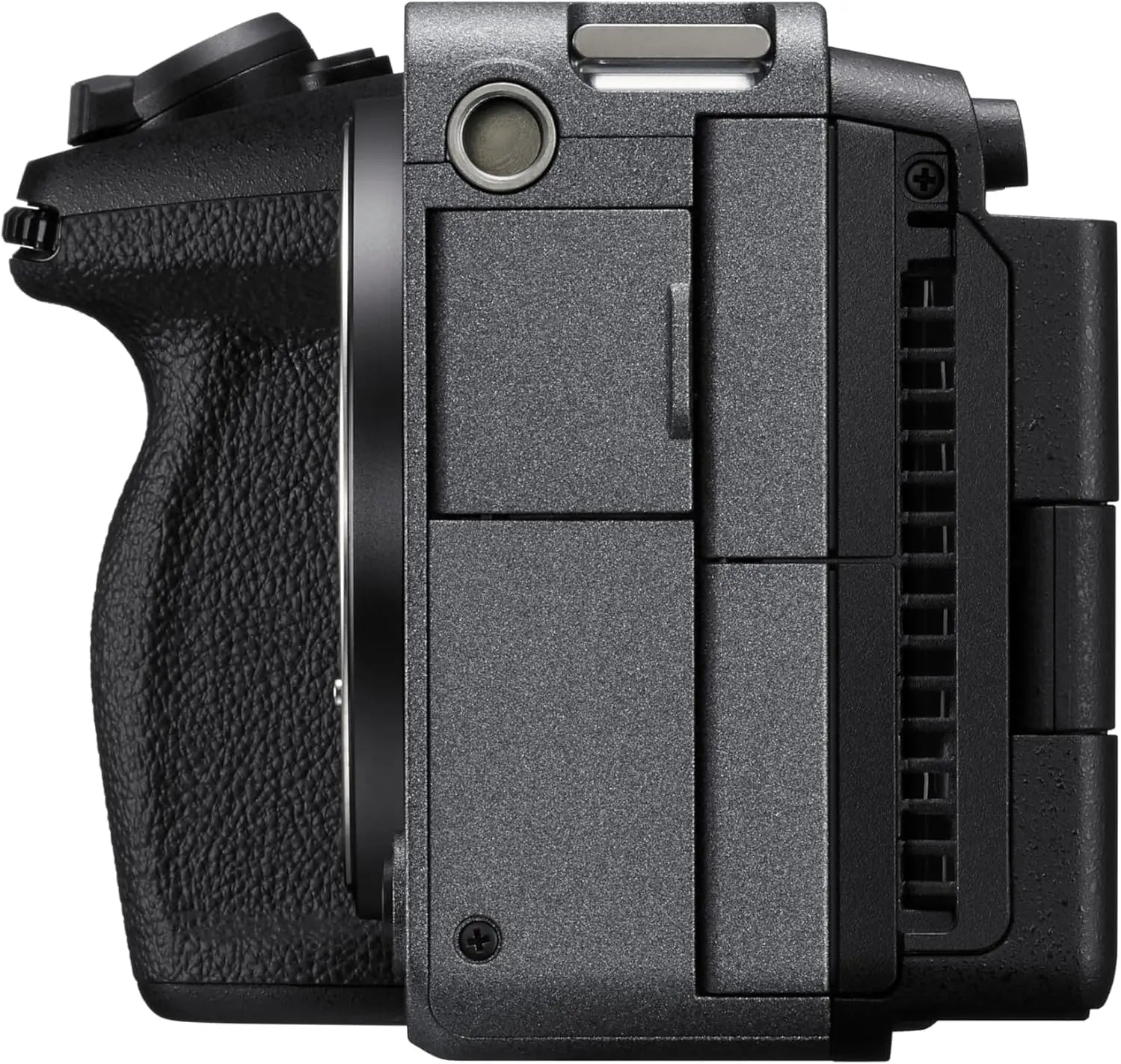 Black textured grip and matte finish sony fx3a full-frame cinema camera body with silver shutter button and flash memory slot
