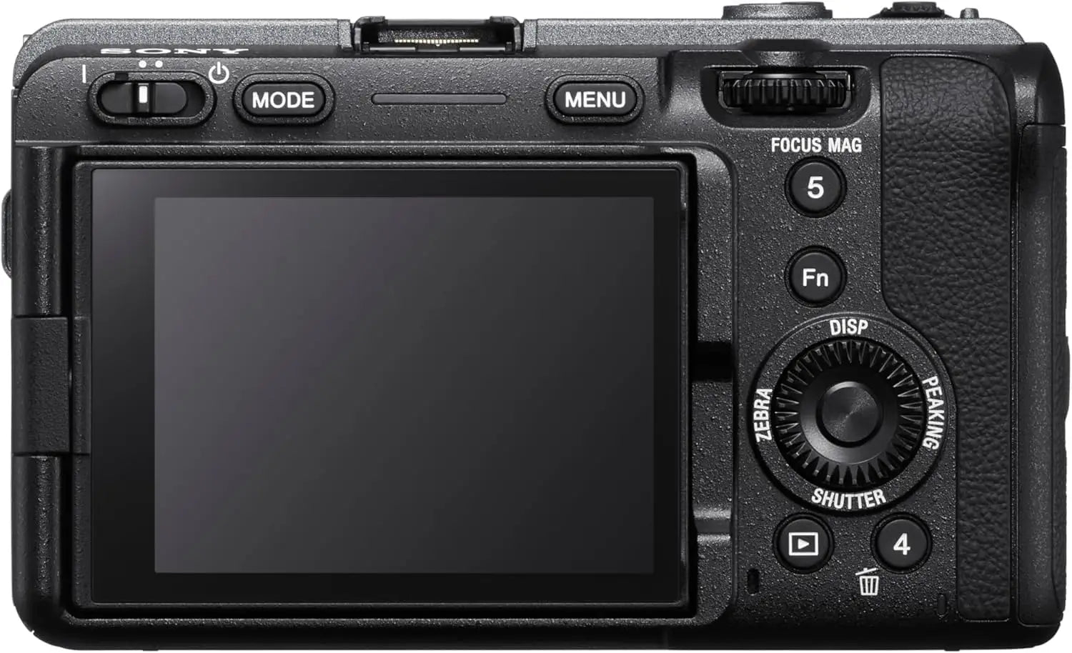 Black sony fx3a mirrorless full-frame cinema camera back with textured grip and large rear touchscreen display for flash memory