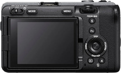 Black sony fx3a mirrorless full-frame cinema camera back with textured grip and large rear touchscreen display for flash memory