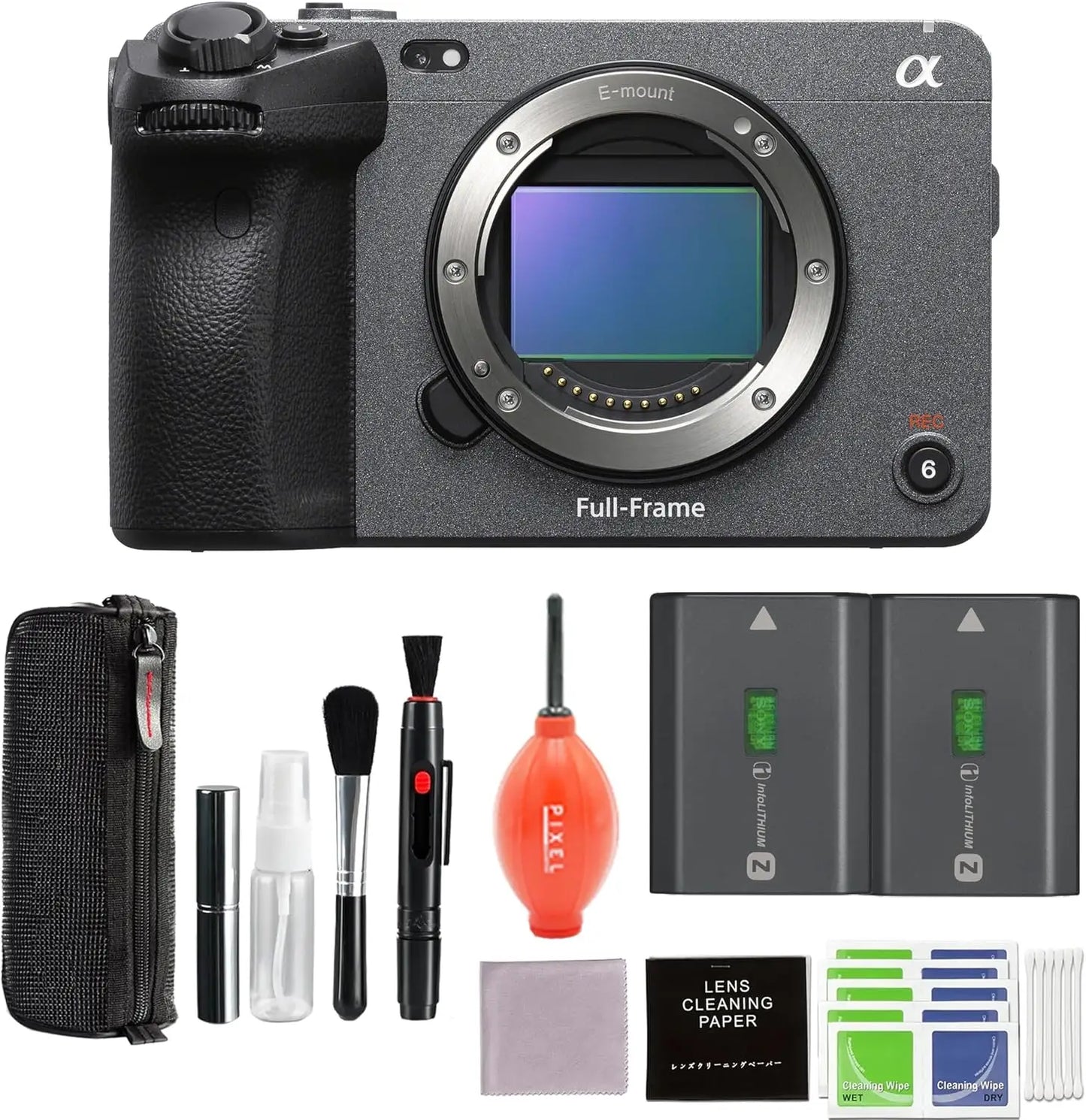 Black textured sony fx3a full-frame cinema camera with silver e-mount ring and alpha logo for flash memory use
