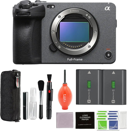 Black textured sony fx3a full-frame cinema camera with silver e-mount ring and alpha logo for flash memory use