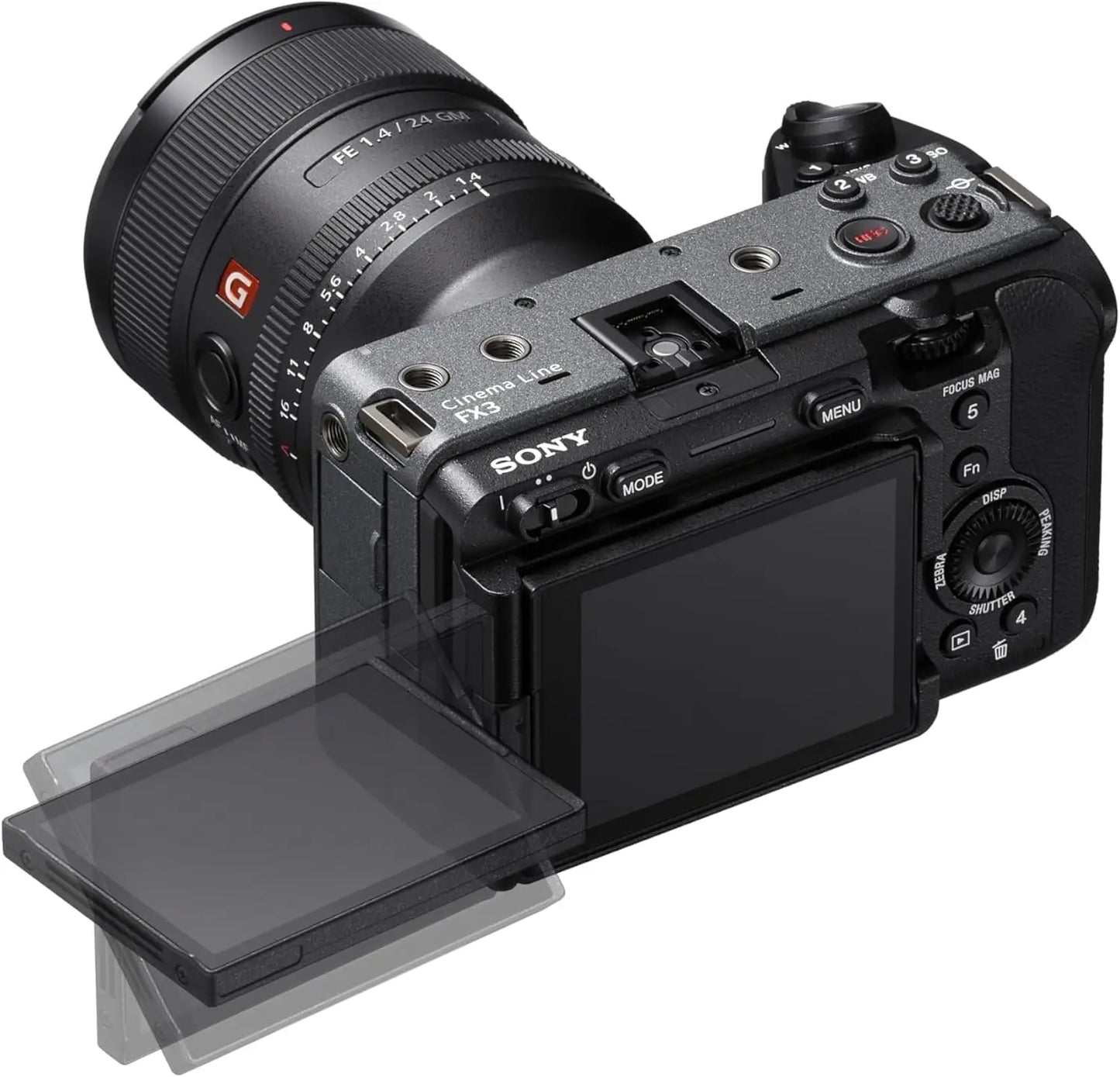 Black sony fx3a full-frame cinema camera with g-mount lens textured grip flip-out touchscreen and flash memory bundle