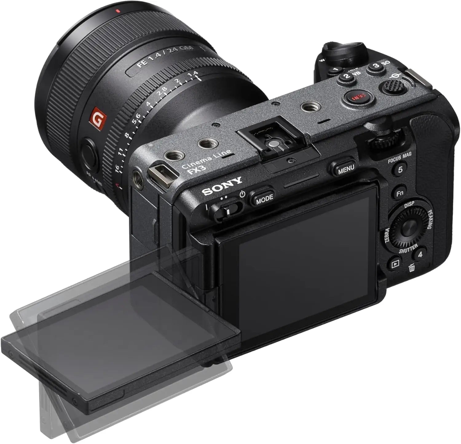 Black sony fx3a full-frame cinema camera with g-mount lens textured grip flip-out touchscreen and flash memory bundle