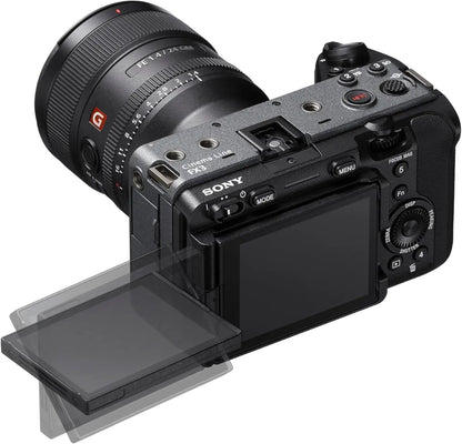 Black sony fx3a full-frame cinema camera with g-mount lens textured grip flip-out touchscreen and flash memory bundle
