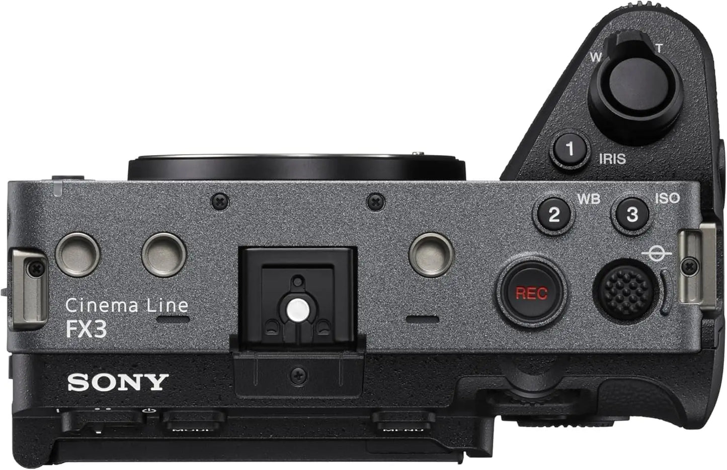 Black sony fx3a full-frame cinema camera body with textured grip and control dials for flash memory use