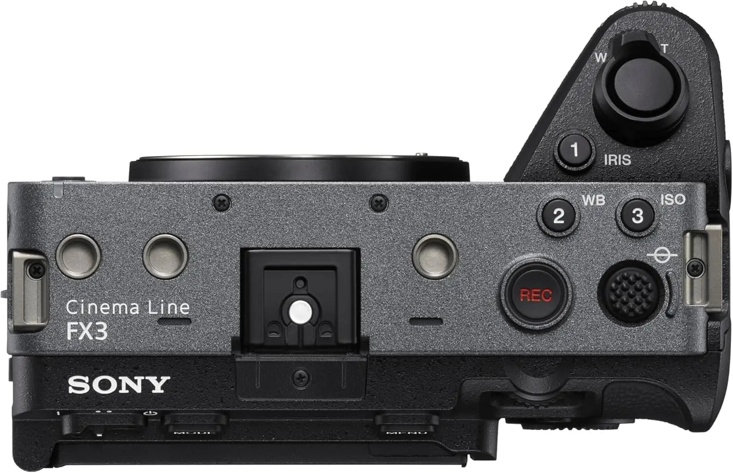 Black sony fx3a full-frame cinema camera body with textured grip and control dials for flash memory use
