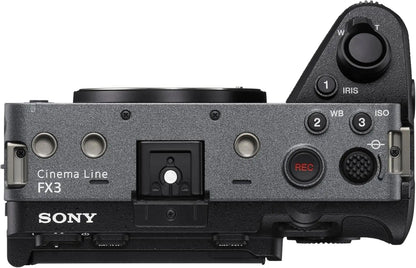 Black sony fx3a full-frame cinema camera body with textured grip and control dials for flash memory use