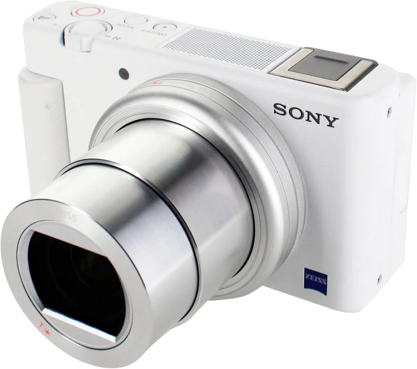 White sony zv-1 camera with silver zeiss lens designed for content creators and vloggers with image stabilization