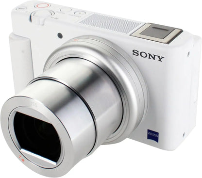 White sony zv-1 camera with silver zeiss lens designed for content creators and vloggers with image stabilization