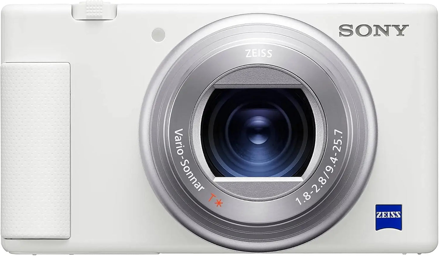 White sony zv-1 camera with silver zeiss lens featuring image stabilization for content creators and vloggers