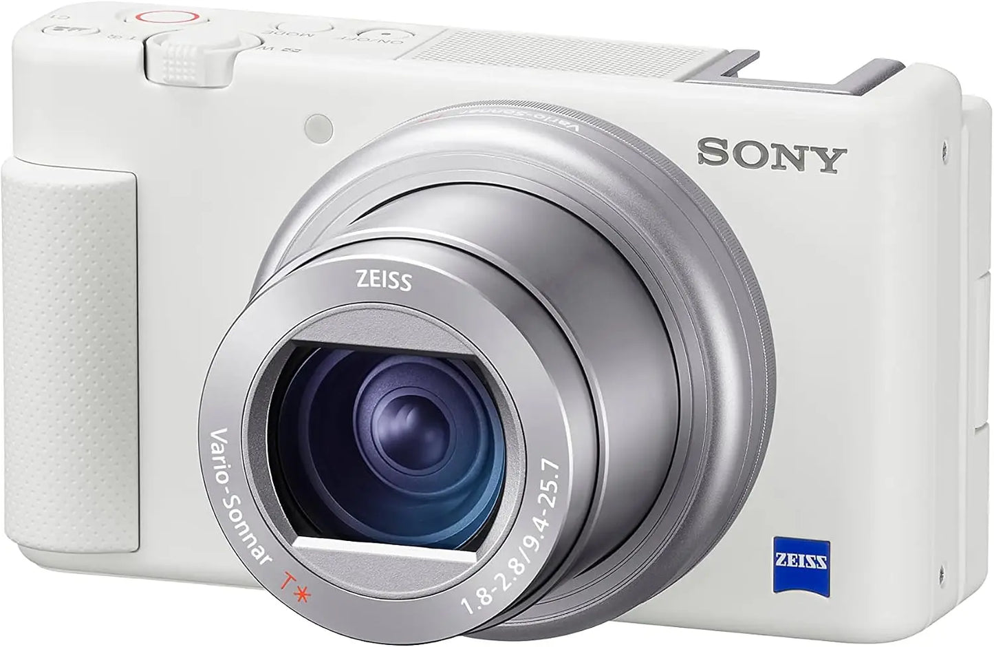 White sony zv-1 camera for content creators with silver zeiss lens and advanced image stabilization for smooth videos