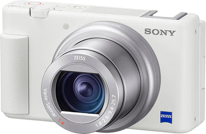 White sony zv-1 camera for content creators with silver zeiss lens and advanced image stabilization for smooth videos