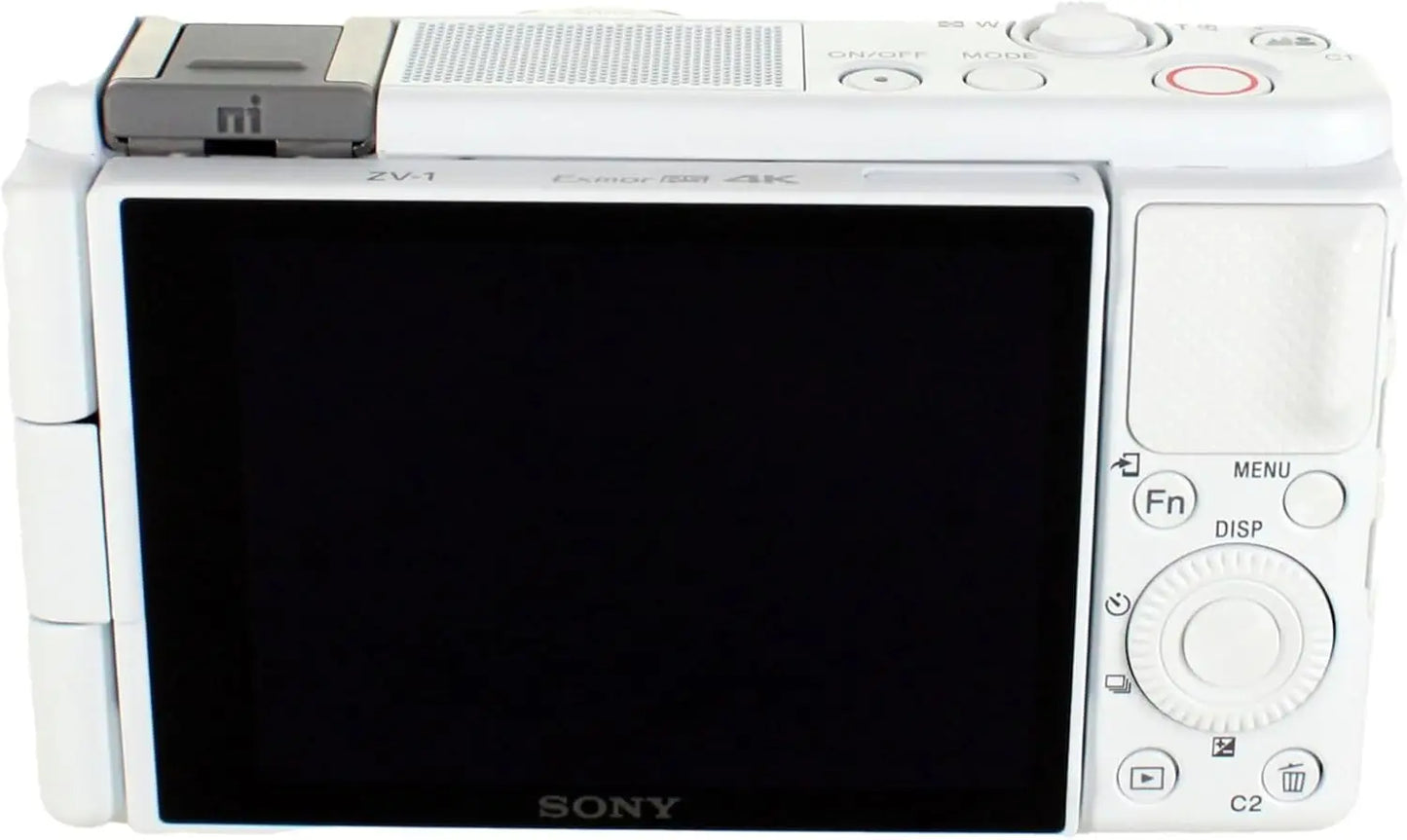 White sony zv-1 camera with image stabilization and flip-out touchscreen designed for content creators and vloggers