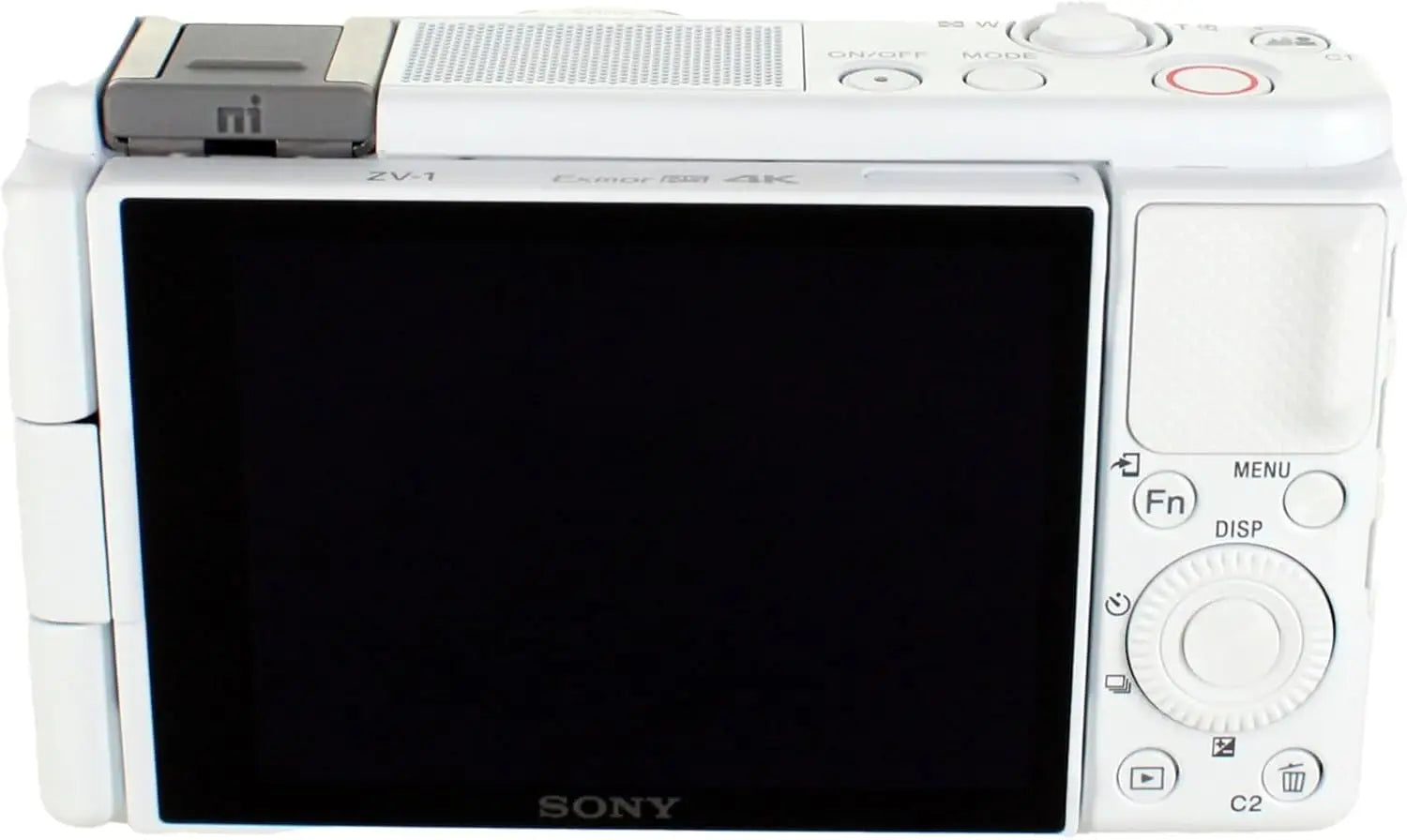 White sony zv-1 camera with image stabilization and flip-out touchscreen designed for content creators and vloggers