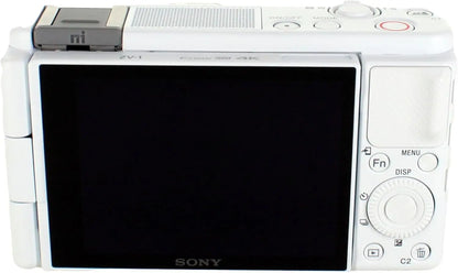 White sony zv-1 camera with image stabilization and flip-out touchscreen designed for content creators and vloggers