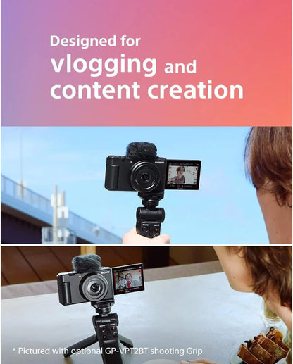Black sony zv-1f vlog camera with 20.1mp and 4k video mounted on tripod with gp-vpt2bt grip for sony usa creators