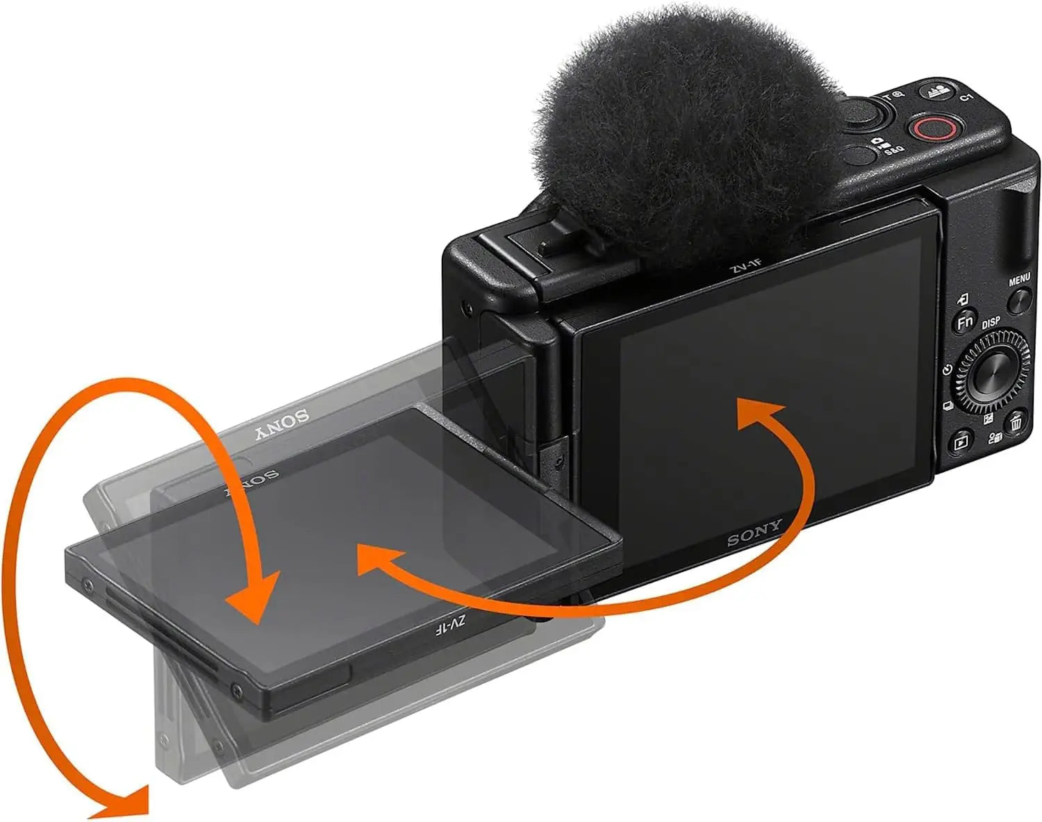 Black sony zv-1f vlog camera with flip-out touchscreen and furry mic for content creators focal length sony usa model