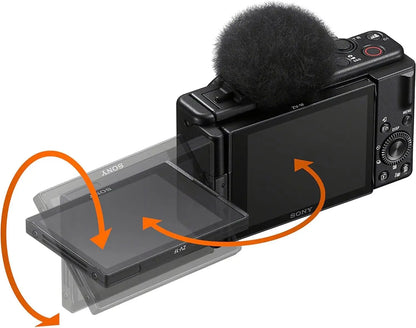 Black sony zv-1f vlog camera with flip-out touchscreen and furry mic for content creators focal length sony usa model