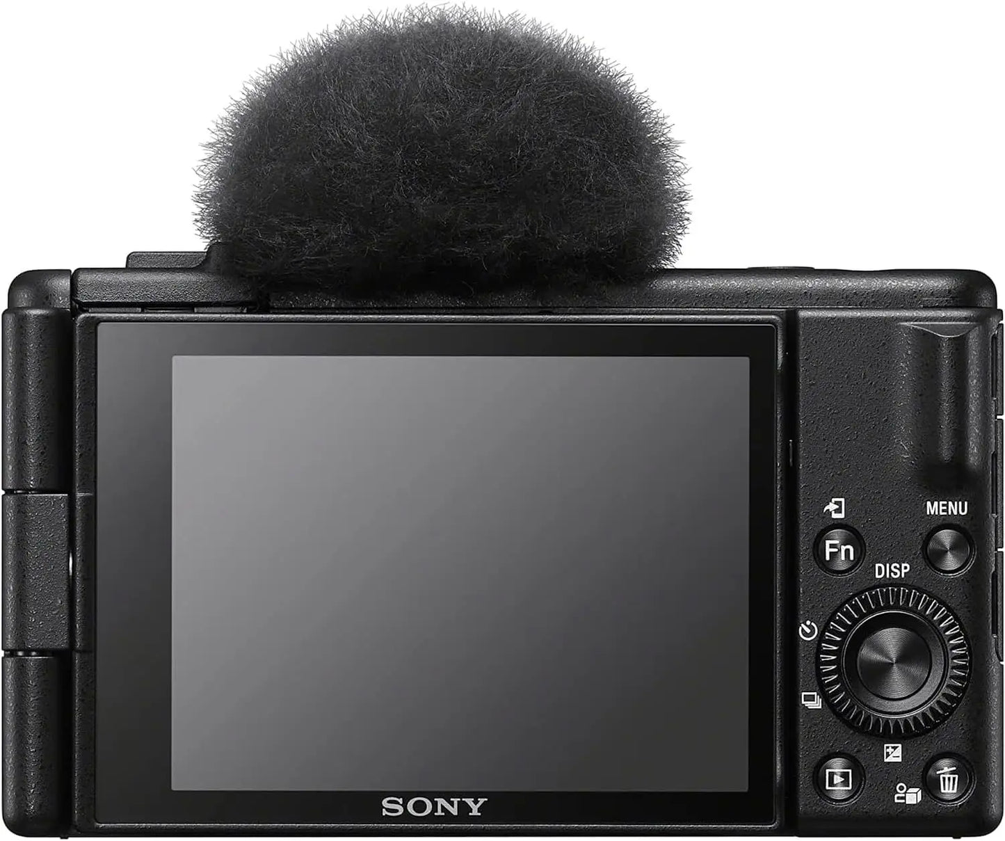 Black sony zv-1f vlog camera with 4k video, fuzzy mic windscreen, and focal length features from sony usa bundle