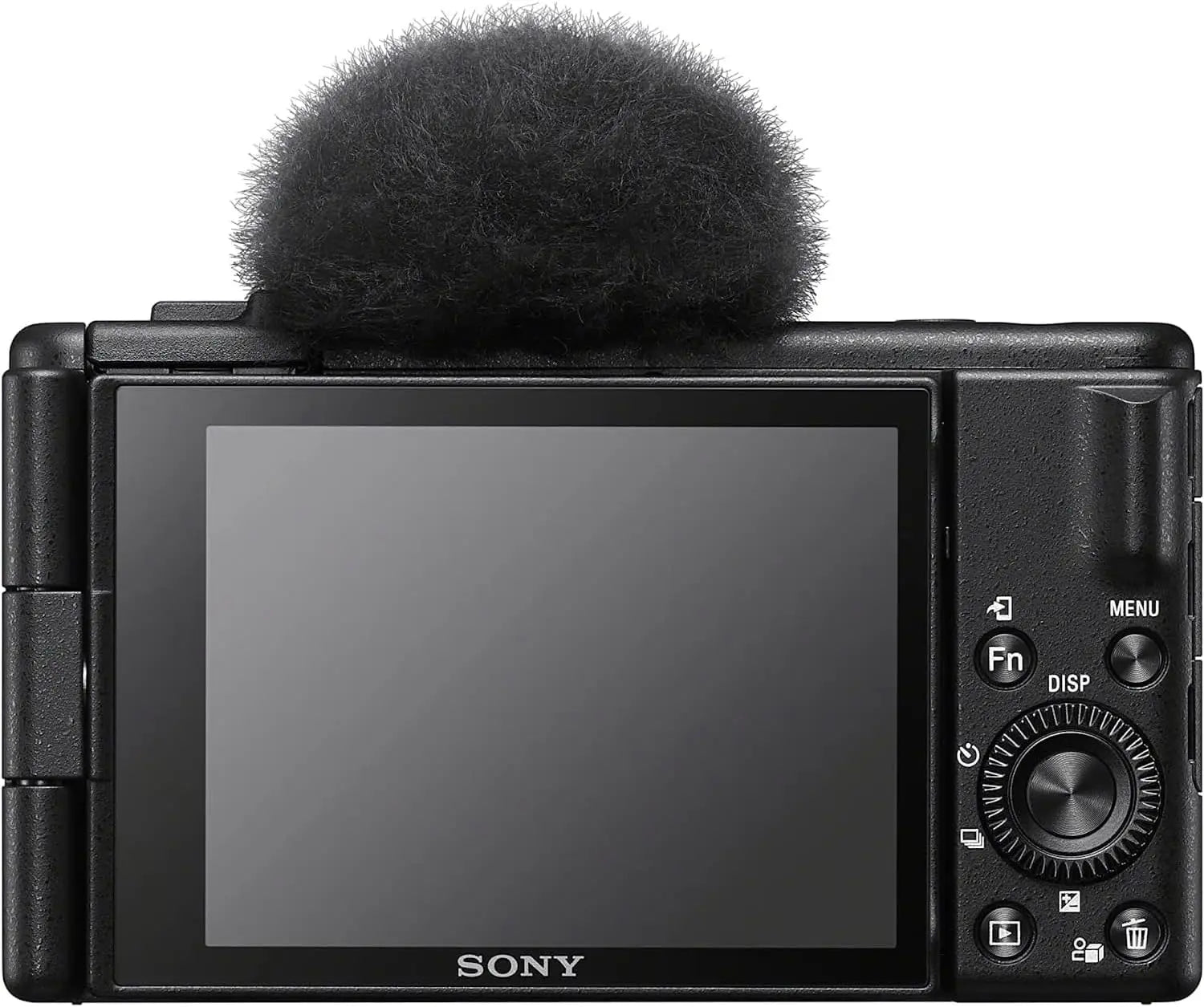 Black sony zv-1f vlog camera with 4k video, fuzzy mic windscreen, and focal length features from sony usa bundle