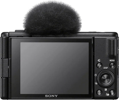 Black sony zv-1f vlog camera with 4k video, fuzzy mic windscreen, and focal length features from sony usa bundle