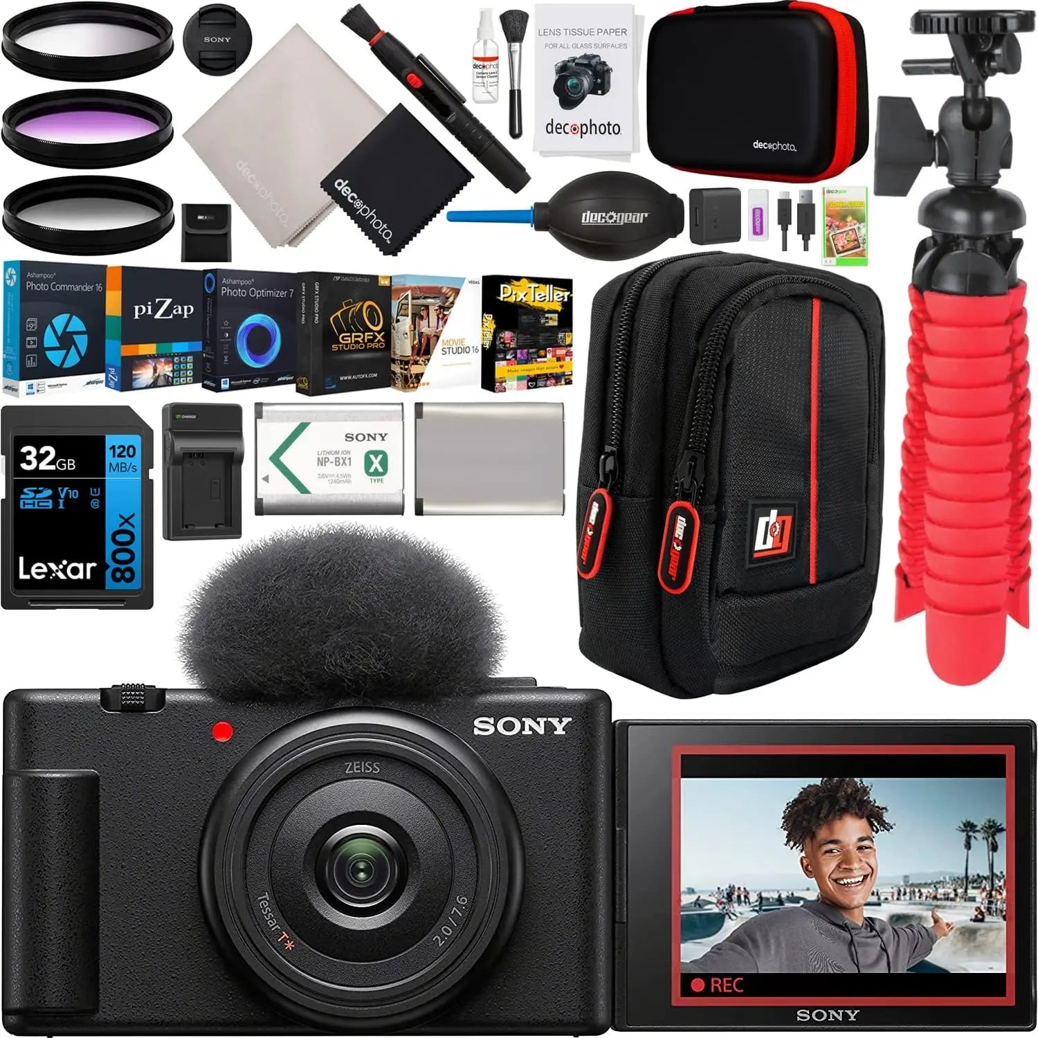 Black sony zv-1f vlog camera with flip-out touchscreen and furry mic cover ideal for content creators usa model