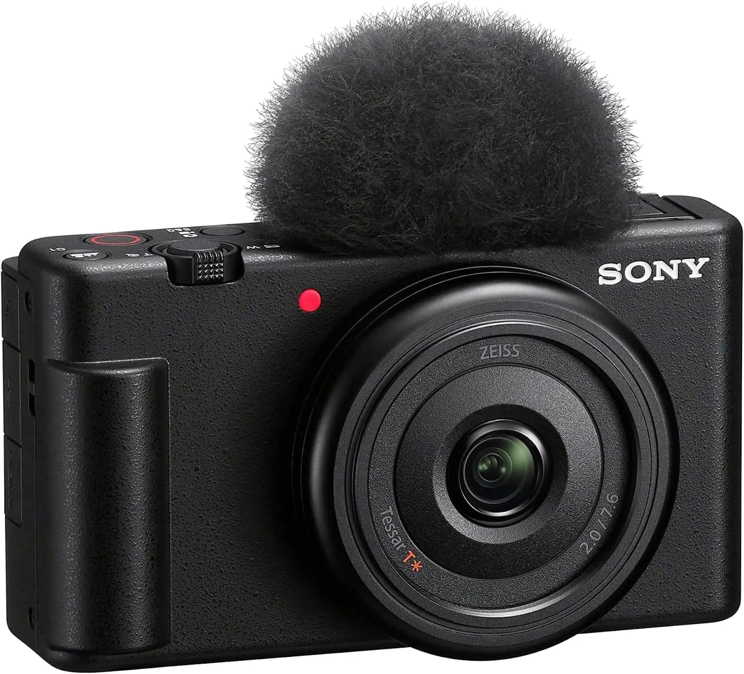 Black sony zv-1f mirrorless vlog camera with zeiss lens and fuzzy mic for content creators usa model with focal length