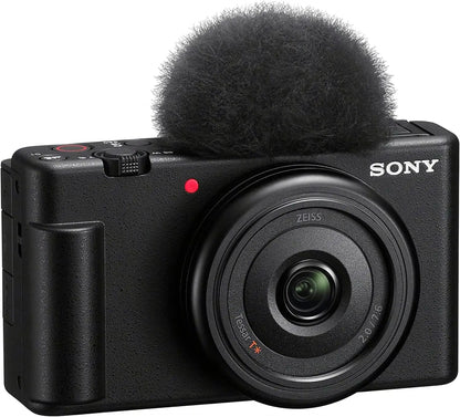 Black sony zv-1f mirrorless vlog camera with zeiss lens and fuzzy mic for content creators usa model with focal length