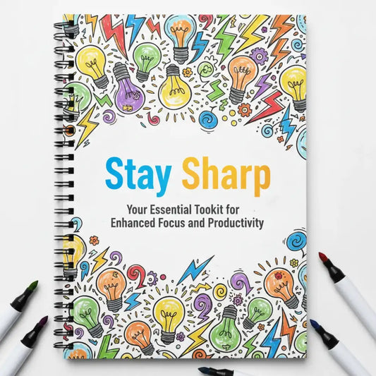 Colorful Stay Sharp notebook with light bulbs and bolts