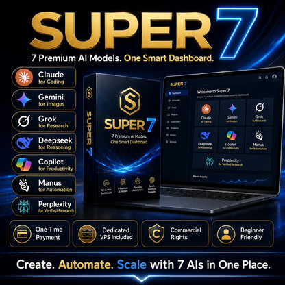 Black box with gold lettering for super 7 all-in-one ai suite featuring 7 premium ai models for online business use