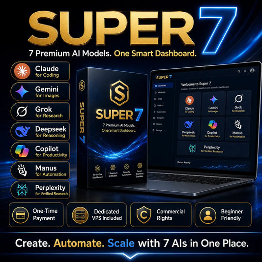 Black box with gold lettering for super 7 all-in-one ai suite featuring 7 premium ai models for online business use