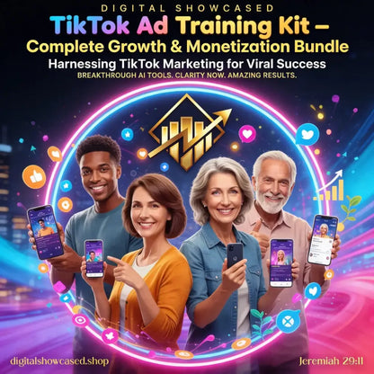 Diverse creators holding smartphones inside a neon ring for the TikTok Ad Training Kit and Growth Strategy Bundle.