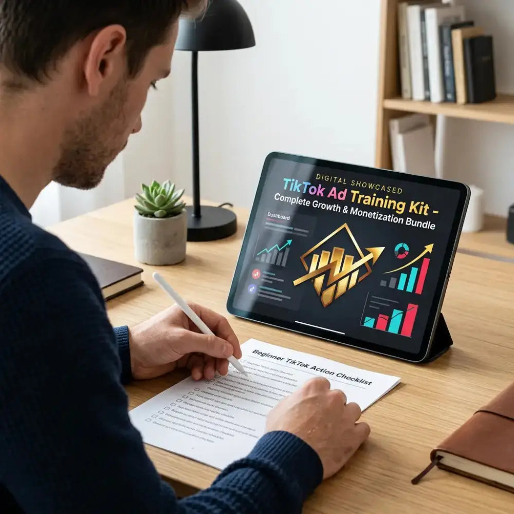 Man using the TikTok Ads & Monetization Training Kit on a tablet with a printed Beginner Action Checklist.