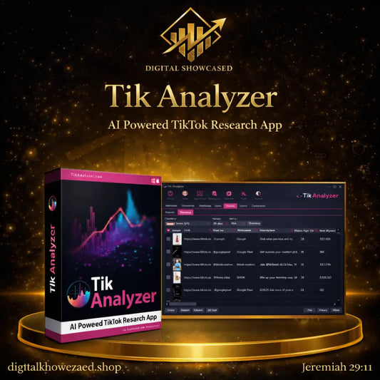 The tik analyzer software box features a sleek pink and black design with a glowing graph for tiktok search and competitor research
