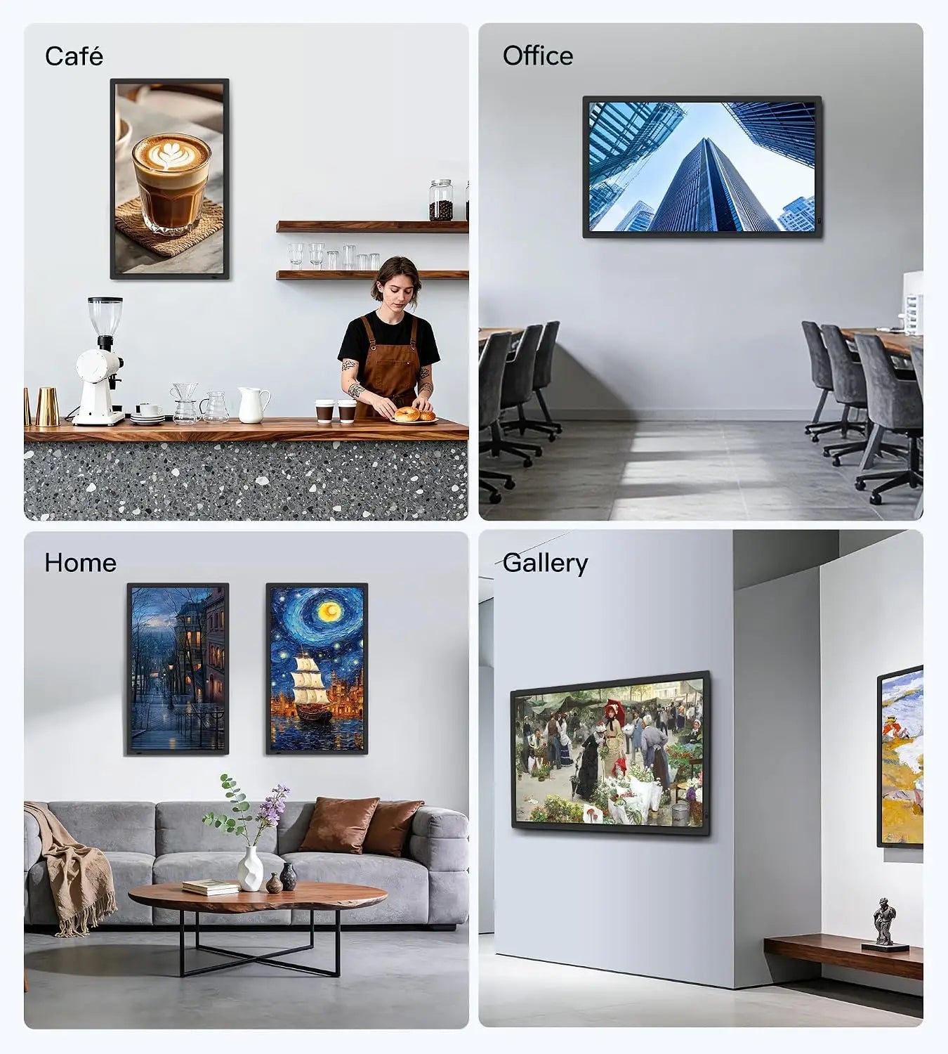 Black-framed uhale 32 inch extra large digital picture frame displaying vibrant cityscape with 64gb storage and remote control