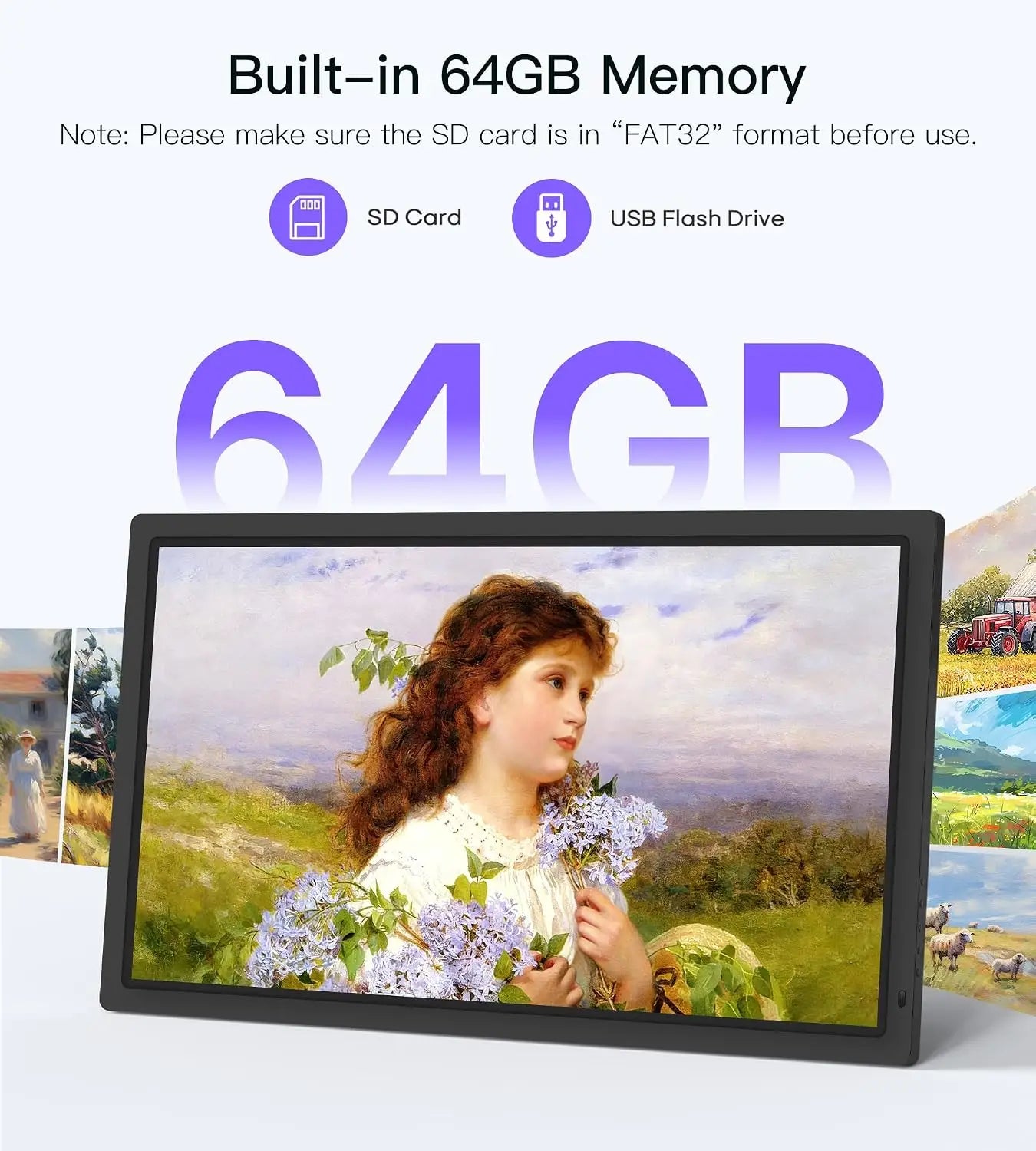 Black-framed extra large uhale 32 inch digital photo frame with 64gb showing classical painting of girl with flowers