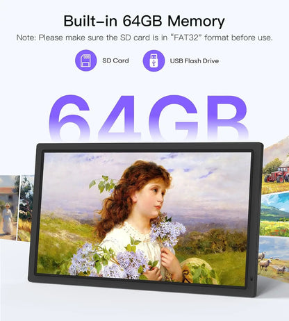 Black-framed extra large uhale 32 inch digital photo frame with 64gb showing classical painting of girl with flowers