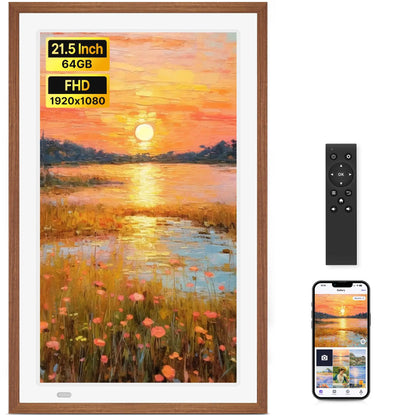 Uhale 32 inch extra large wooden photo frame smart display showing vibrant sunset with 64gb storage fhd resolution